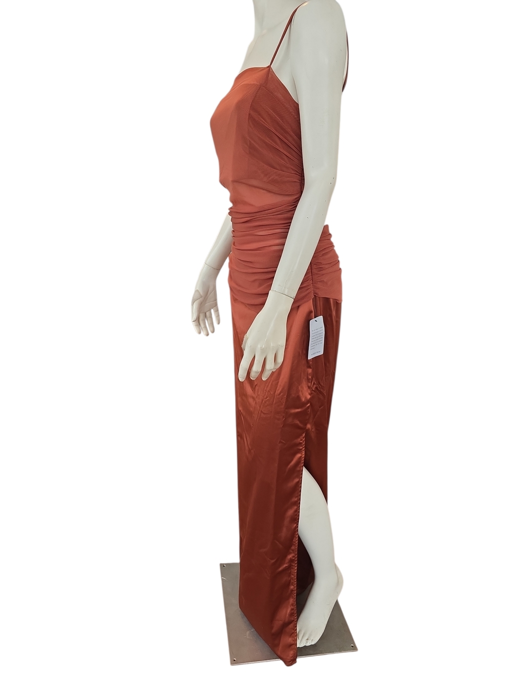 Lulu's Rust/Copper Satin Maxi Dress with Side Slit And Mesh Inserts